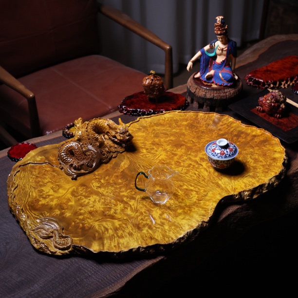 82-58-2.8黄金樟茶盘大号雕刻金龙满榴花排水实木文玩随性大气