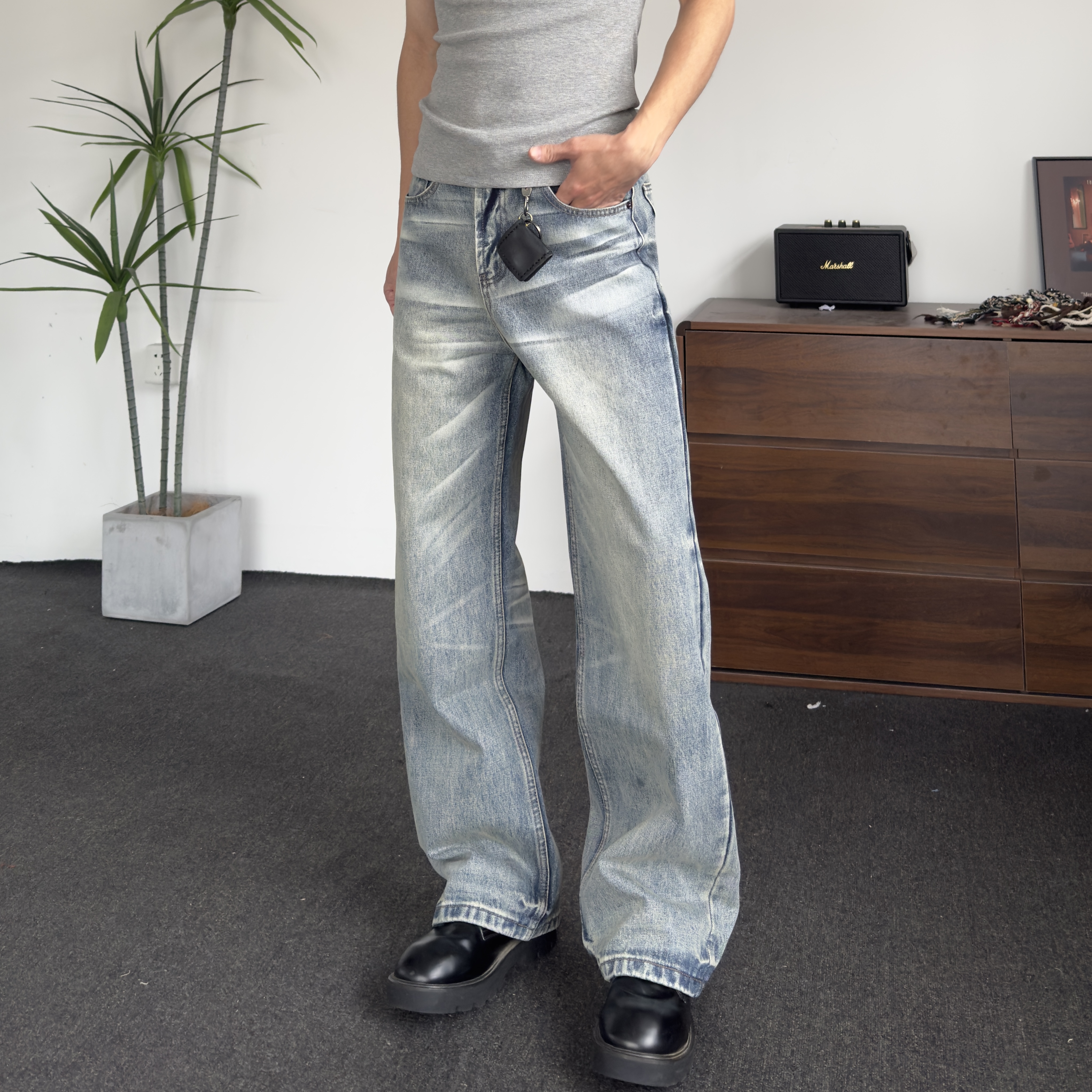 美式复古cleanfit猫须做旧水洗水云蓝色牛仔裤男女宽松直筒裤子