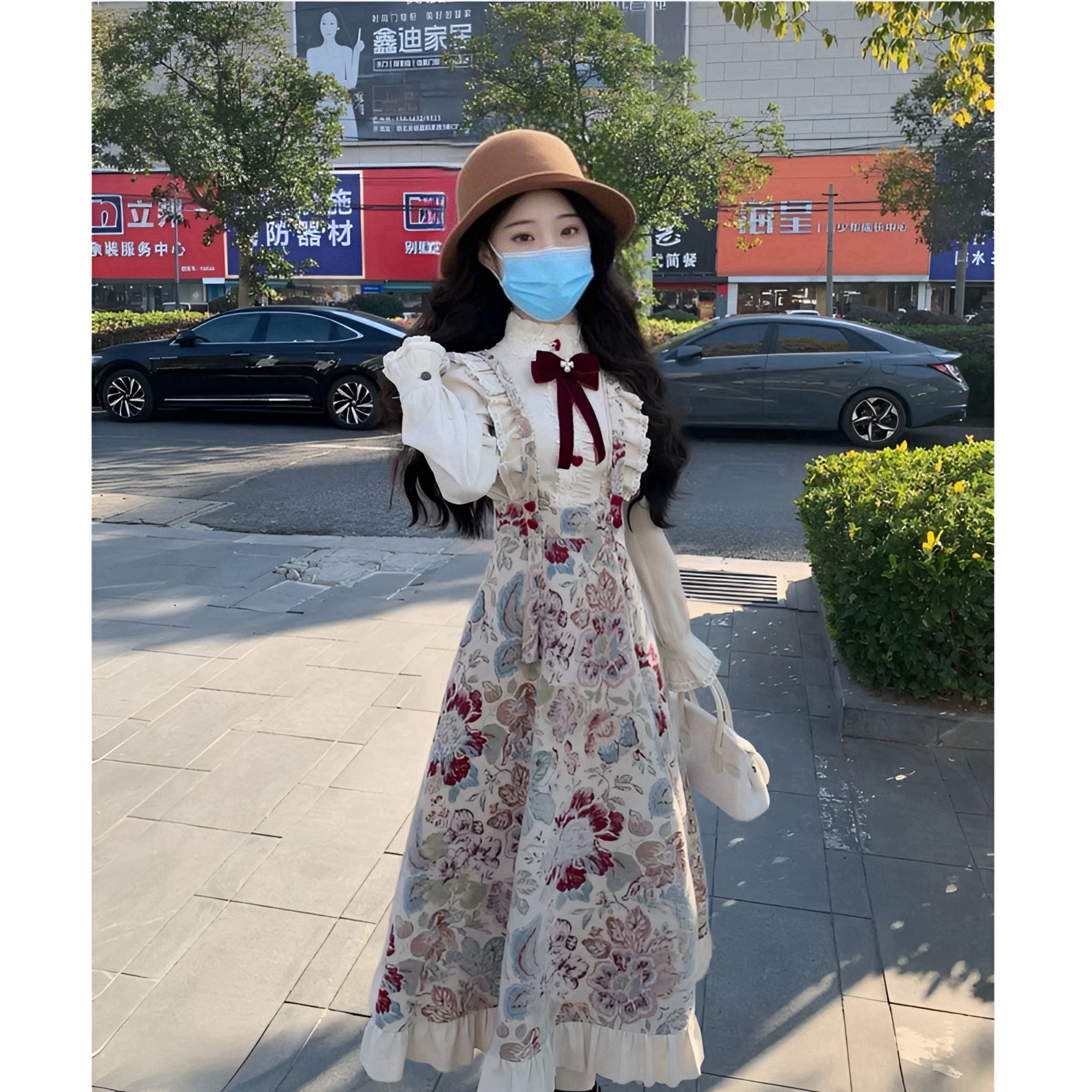 大码秋冬季法式复古衬衫+复古风万花绒大提花背带裙套装10735