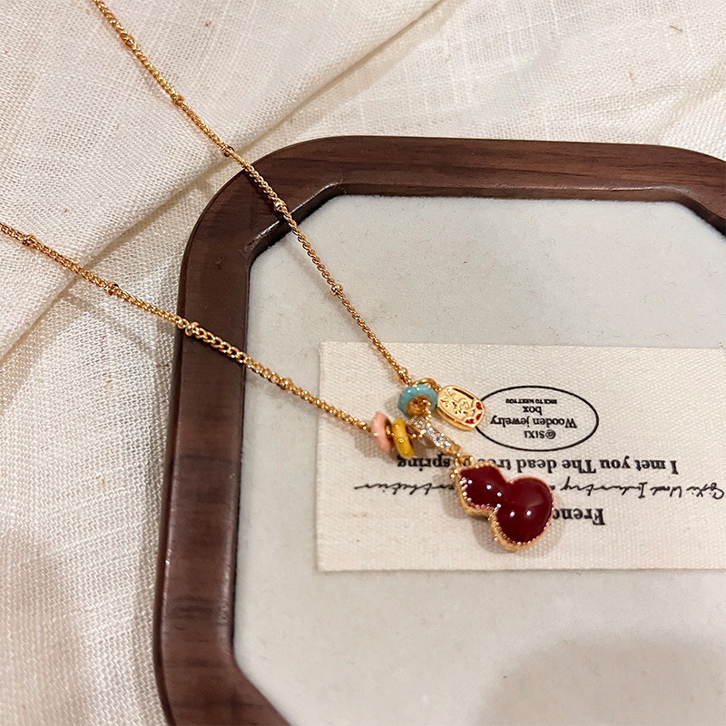 铜项链 精致双面葫芦吊坠锁骨链女秋冬轻奢高级感毛衣链配饰7501