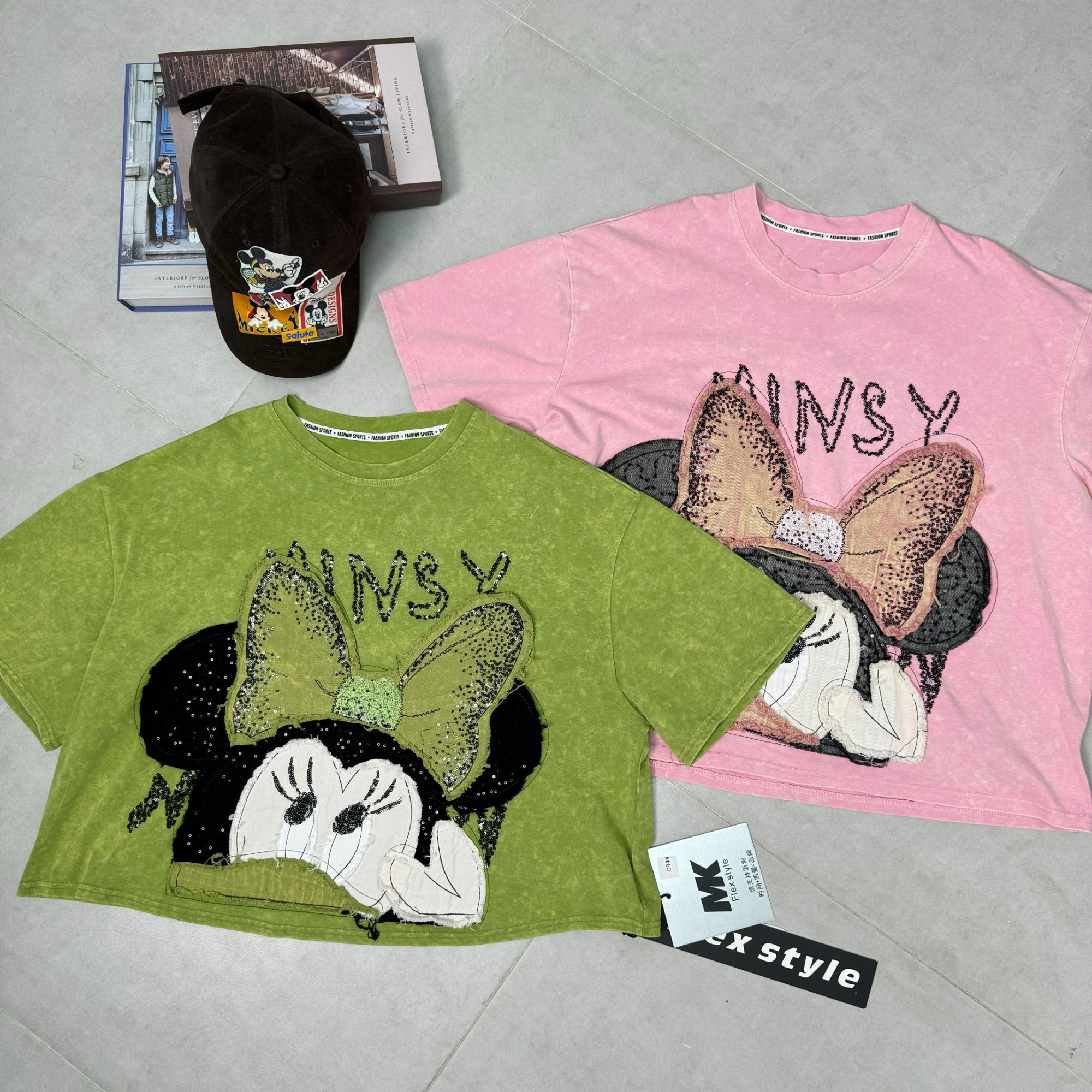 2025夏季新款贴补刺绣蝴蝶结卡通米妮短袖T恤带帽女孩094