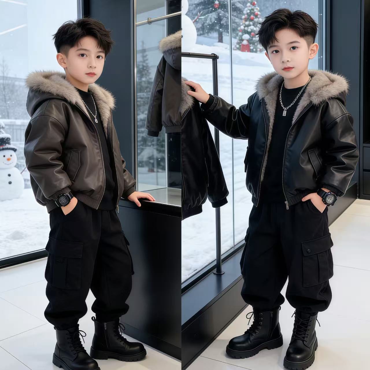  男童中大童韩版两面穿加绒皮衣外套秋冬儿童夹克