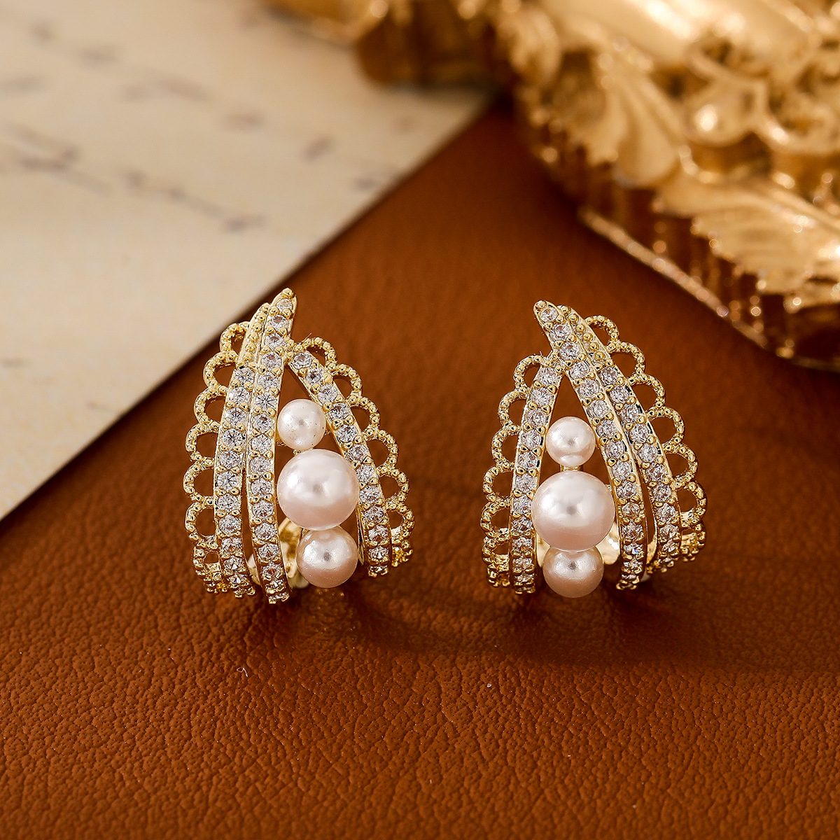 黄铜铜耳饰 蕾丝耳钉小香风