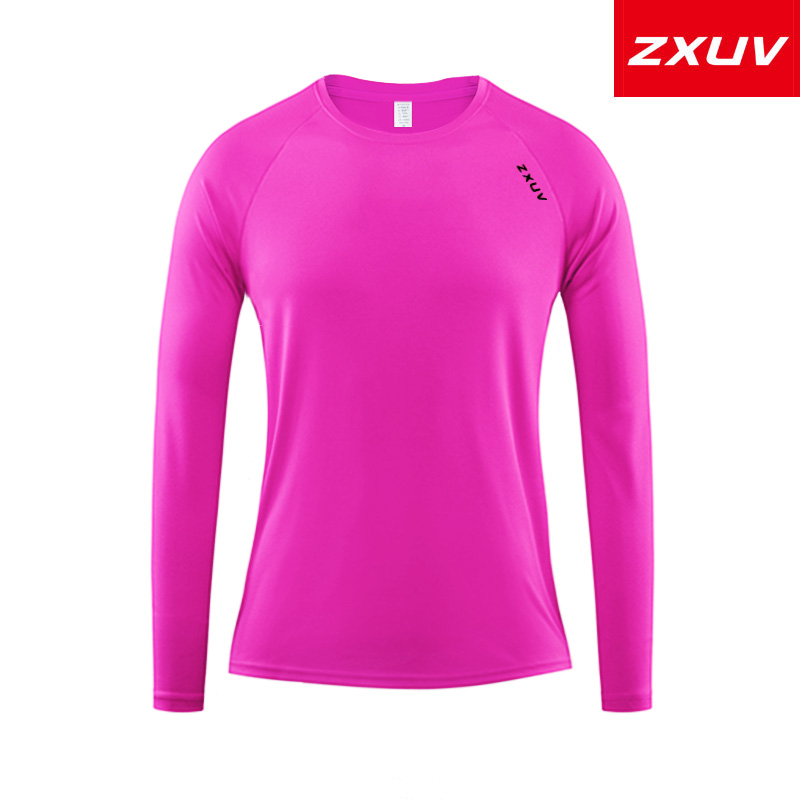 ZXUV秋季男女款圆领方格跑步运动健身衣长袖T恤速干衣女款插肩袖