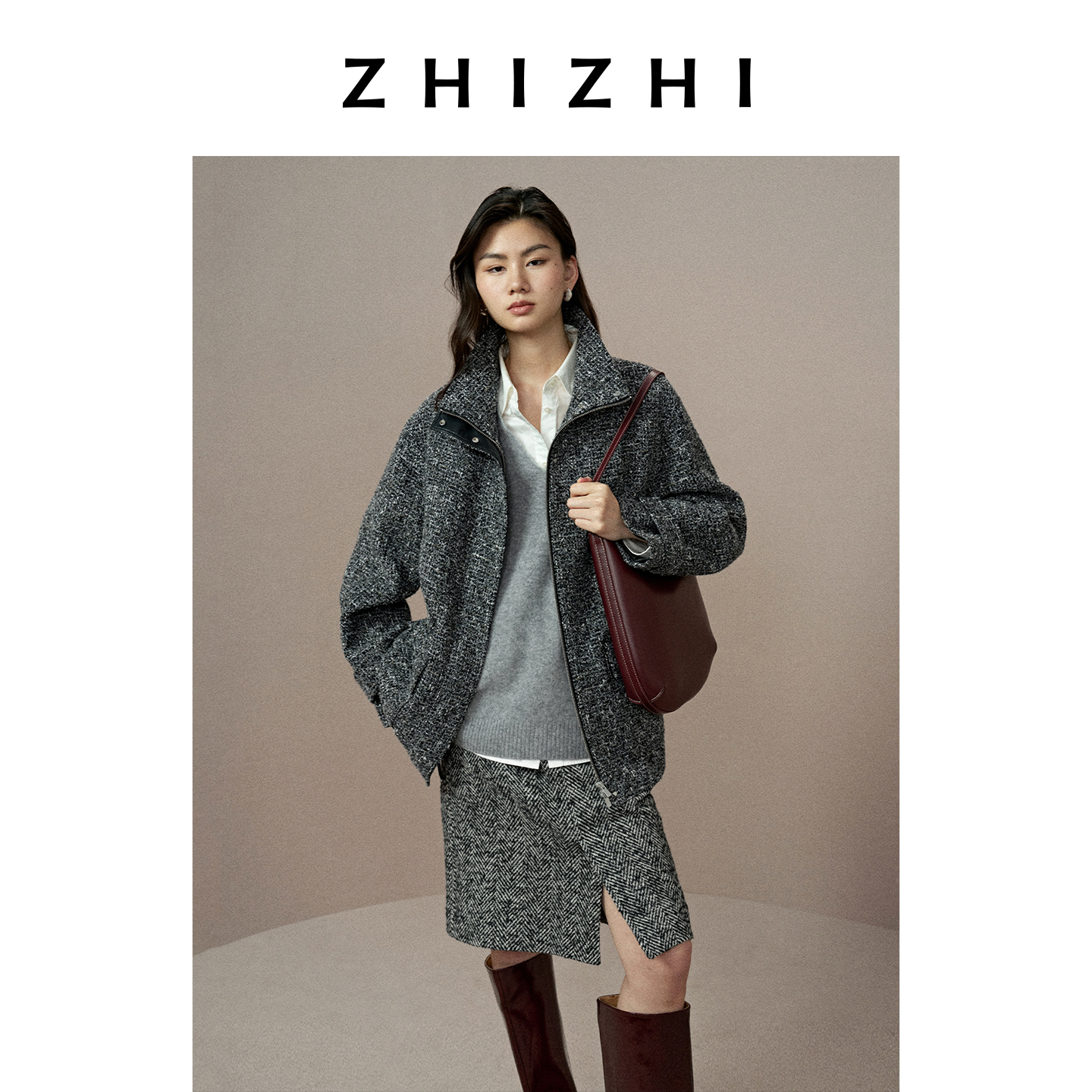 【定金】致知 曲 圈圈纱廓形小香风立领呢外套25冬ZZ2EWWWQ151