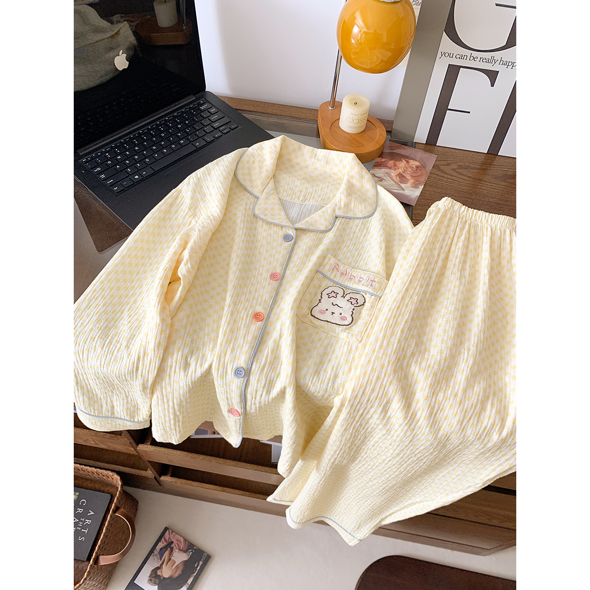 春季新款棉纱翻领刺绣睡衣女长袖长裤卡通可爱休闲家居服套装