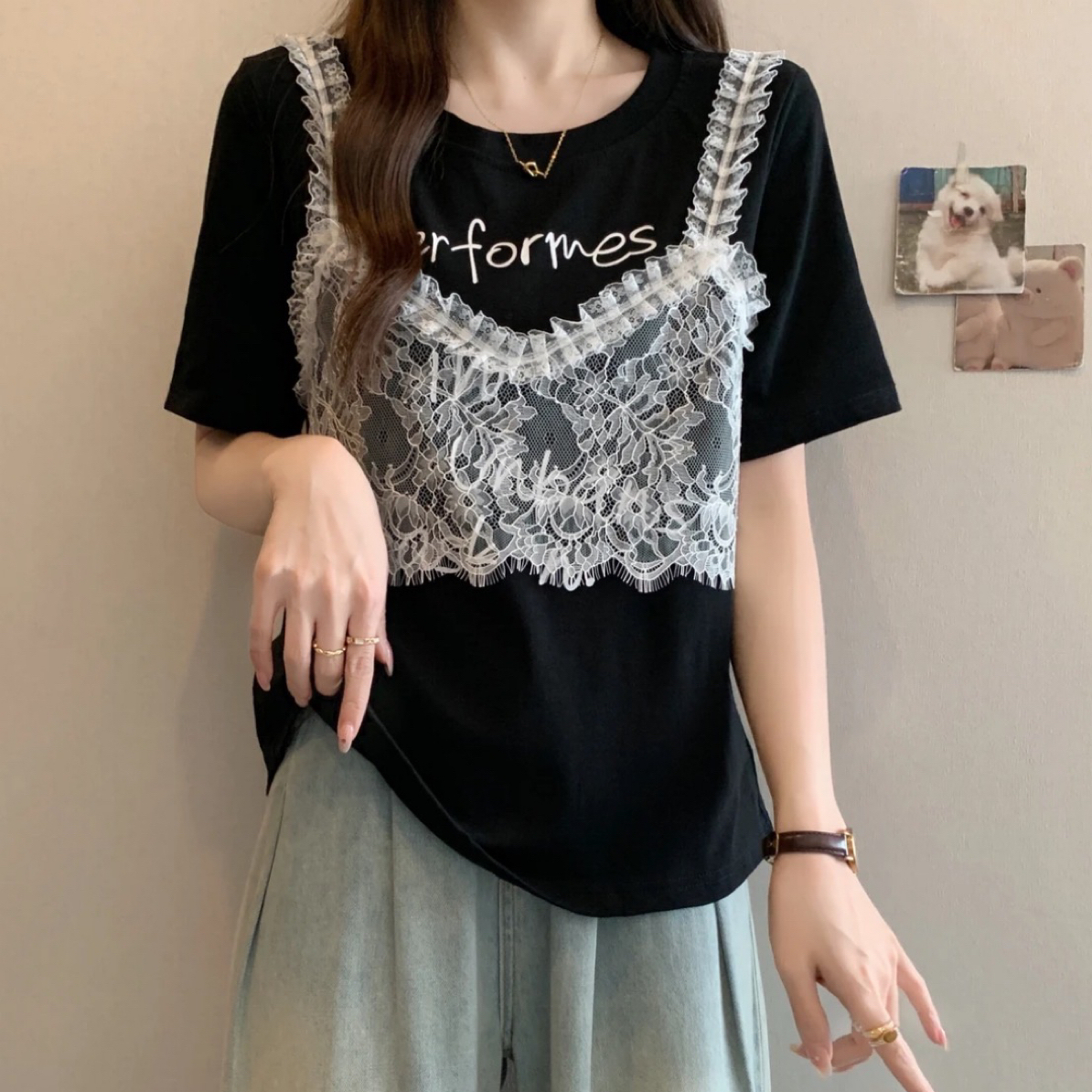 宽松型女性标准数字拼接圆领短袖大码T恤蕾丝常规款