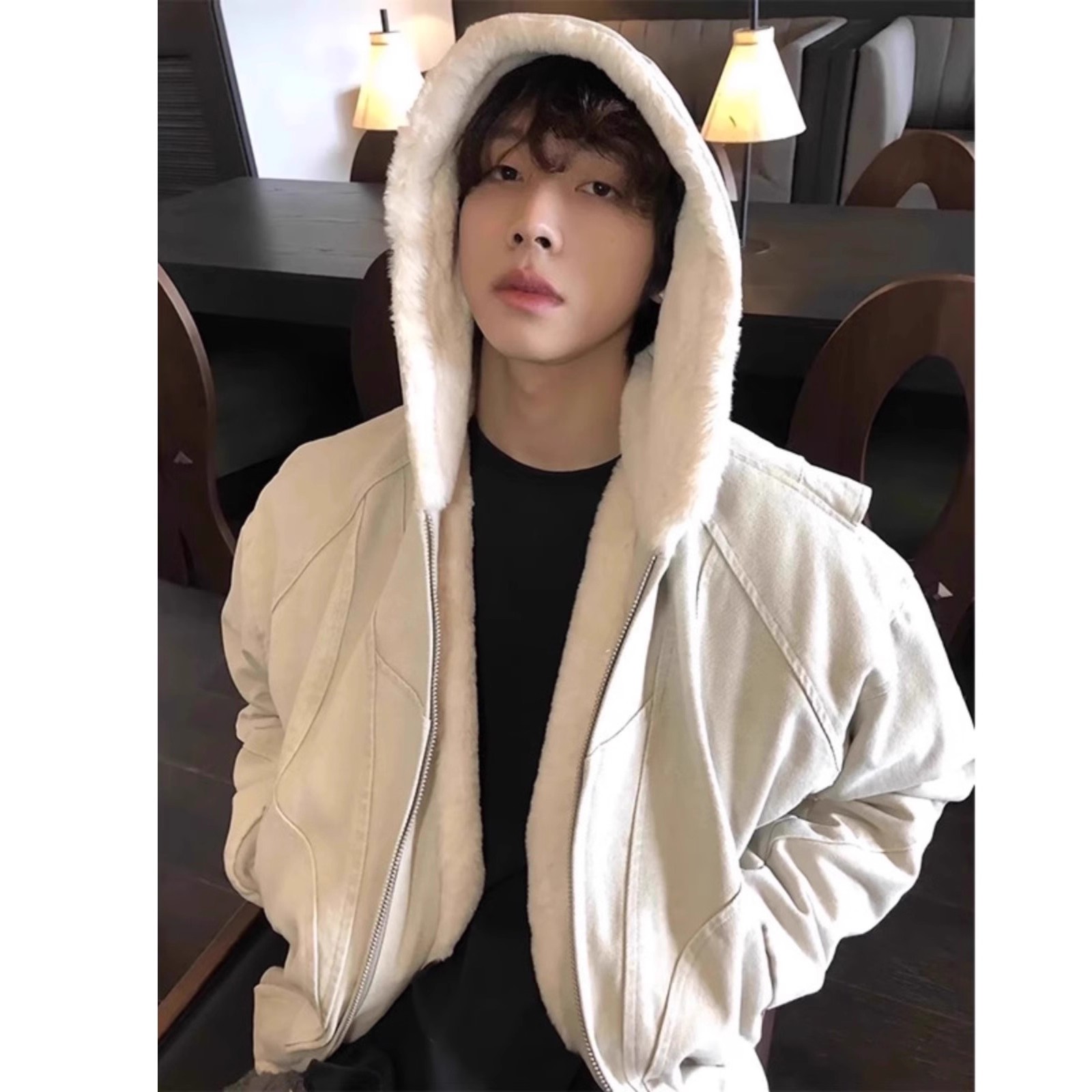 座山雕短款连帽情侣帆布水洗棉服外套MF421