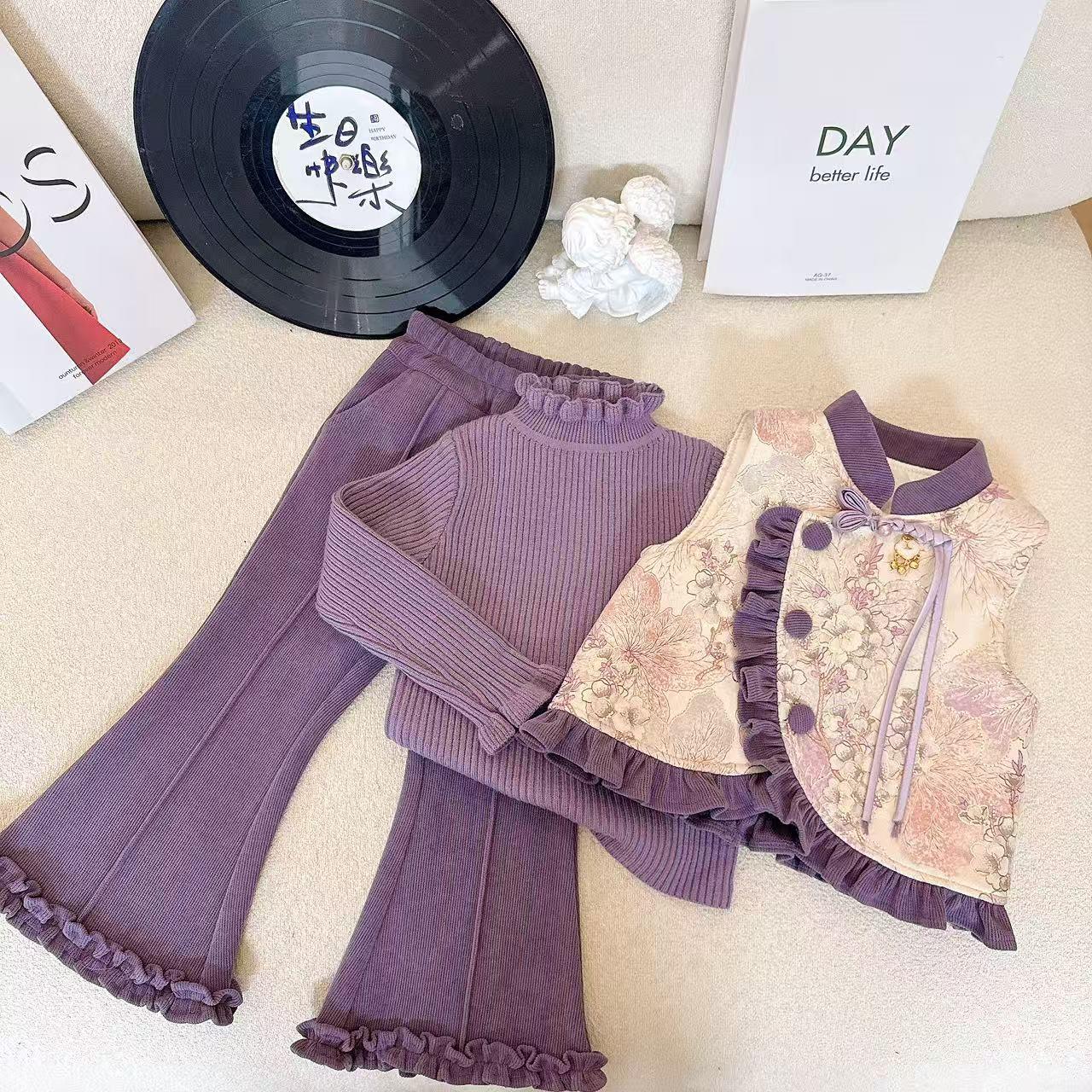 女童2025新款中国风唐装马甲长裤宝宝汉服套装中式周岁拜年服