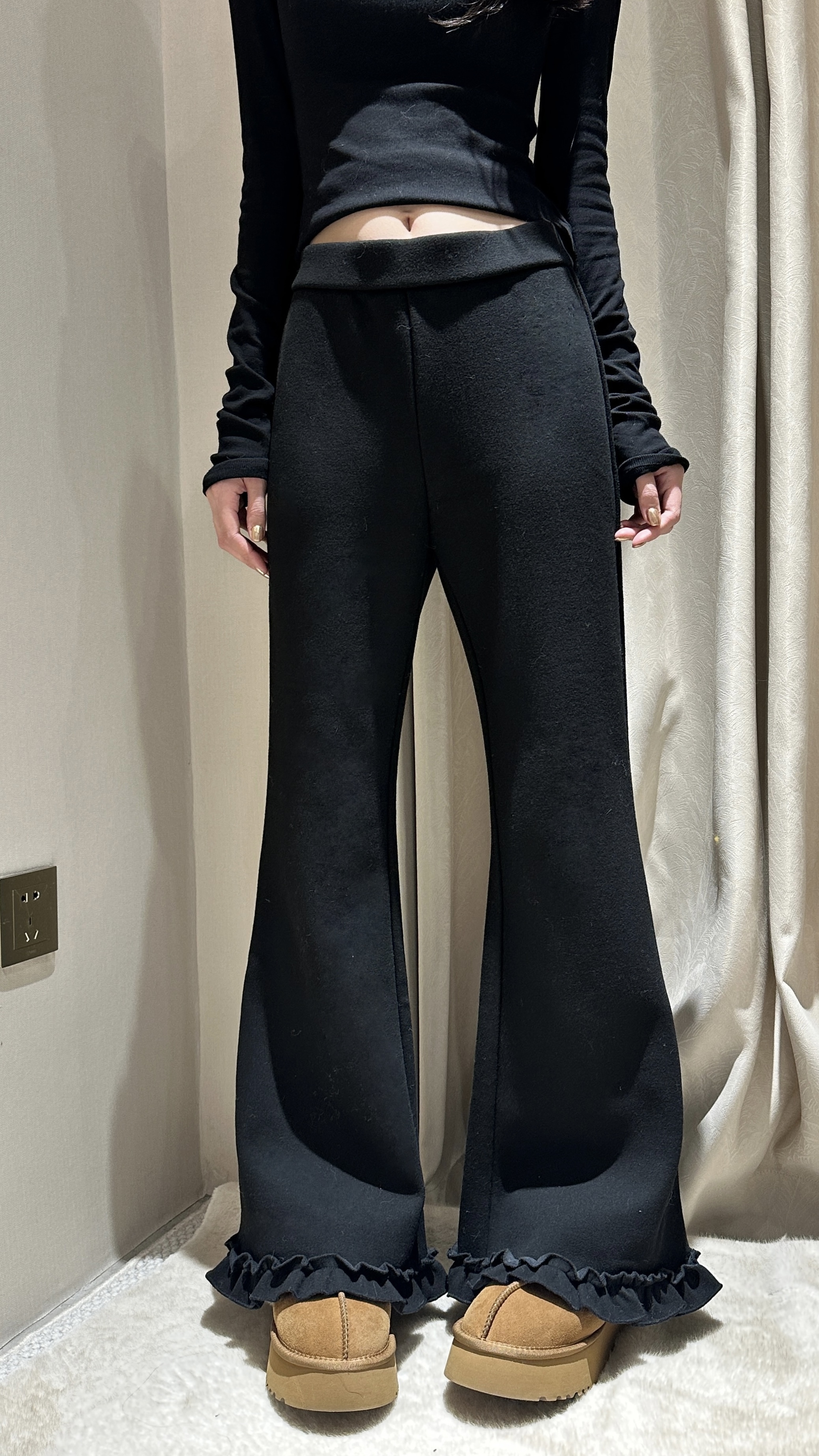 高腰保暖喇叭裤木耳边秋冬休闲裤百搭长裤外穿秋季9827