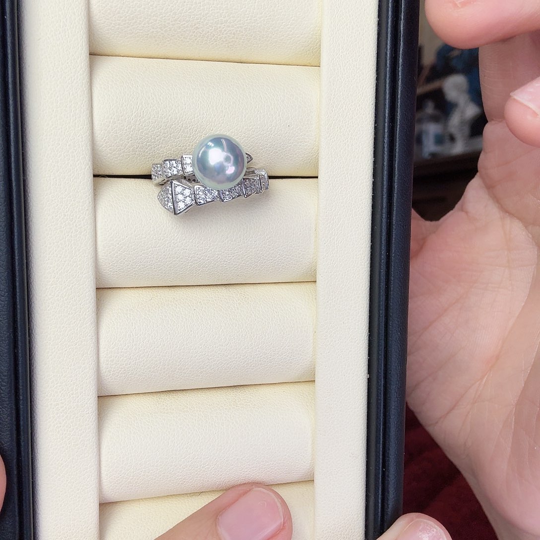 海水珍珠戒指银S925镶嵌蛇戒真多麻戒指