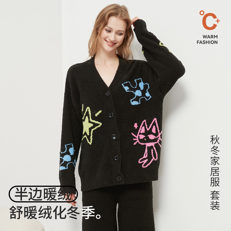 黑色涂鸦睡衣冬季家居服套装半边绒可外穿休闲女士秋冬