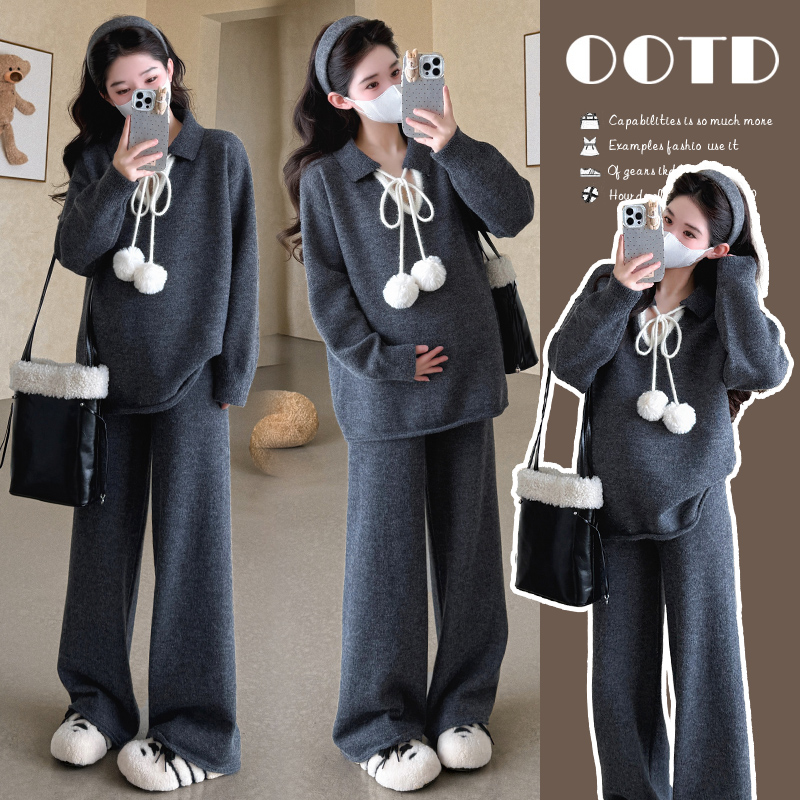 2025秋冬孕妇套装针织宽松长袖慵懒风上衣阔腿裤孕妇两件套装