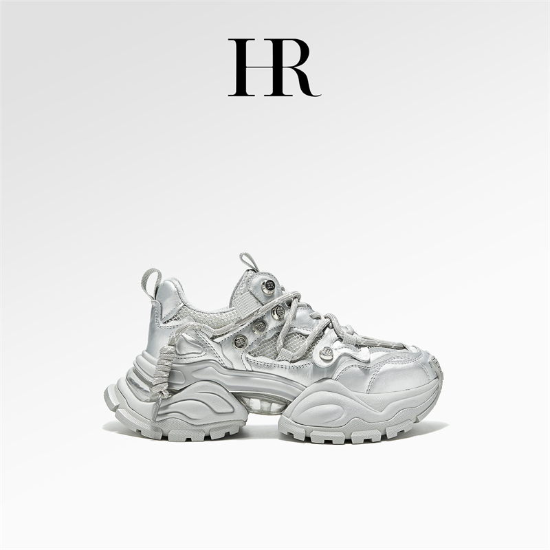 HR/赫莲娜【月光如水】2025秋季新款厚底银色老爹鞋休闲透气运动鞋