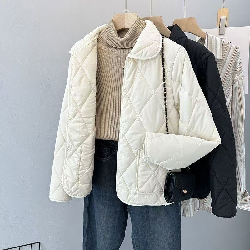 新款女士轻薄短款外套棉服春秋冬百搭气质纯色大菱格翻领棉服