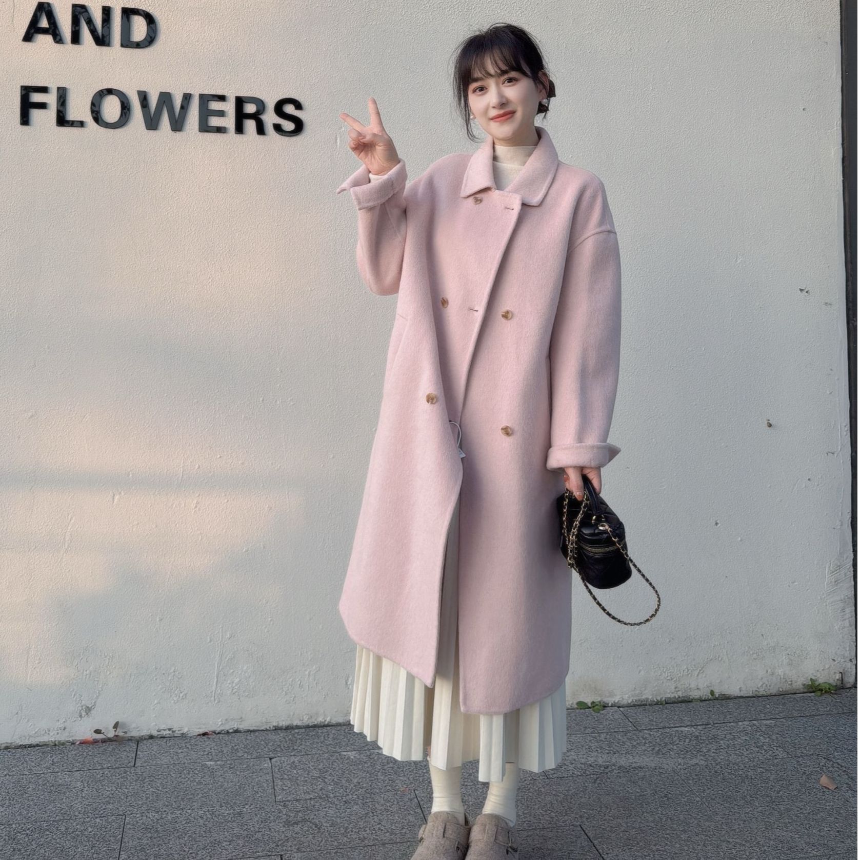 法式赫本风百搭秋冬气质流行保暖双排扣长款宽松羊毛大衣25905