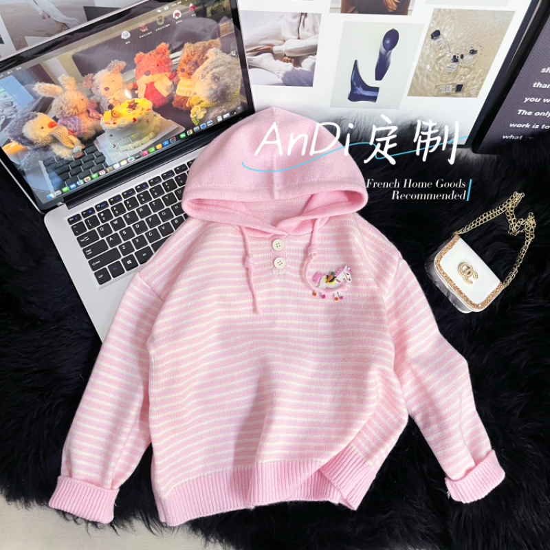 〖ANDI〗安迪秋冬款新款女童毛衣设计感韩系连帽条纹毛衣5246