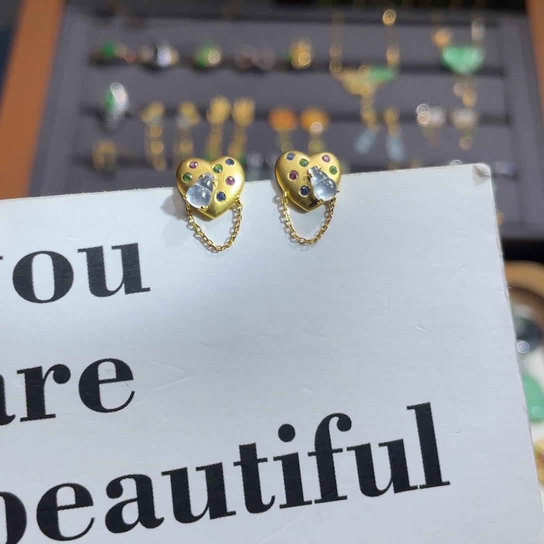 翡翠耳饰18K金镶嵌玻璃种葫芦 设计款