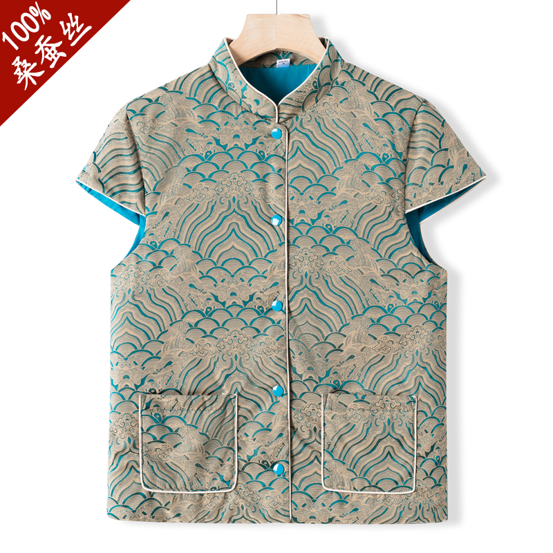 桑蚕丝马甲护肩女士手工丝绵马夹中老年保暖内胆背心高领冬季印花