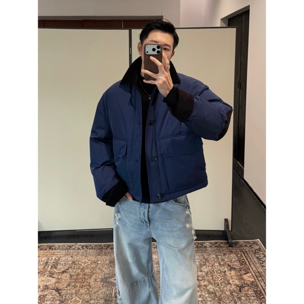 【DUPU】鹅绒系列/三防工艺复古灯芯绒撞色90白鹅绒短宽羽绒服