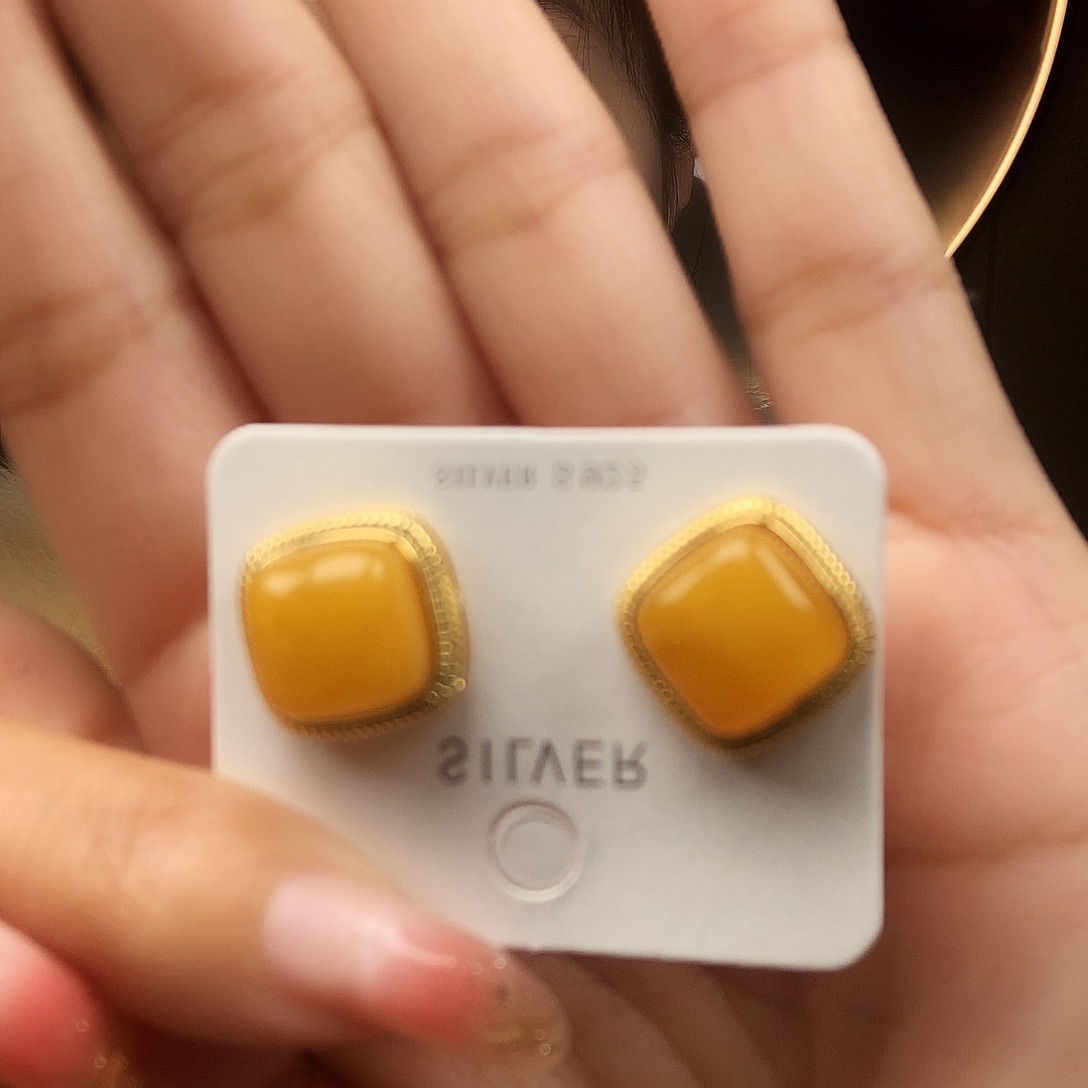 蜜蜡耳饰银S925镶嵌耳钉