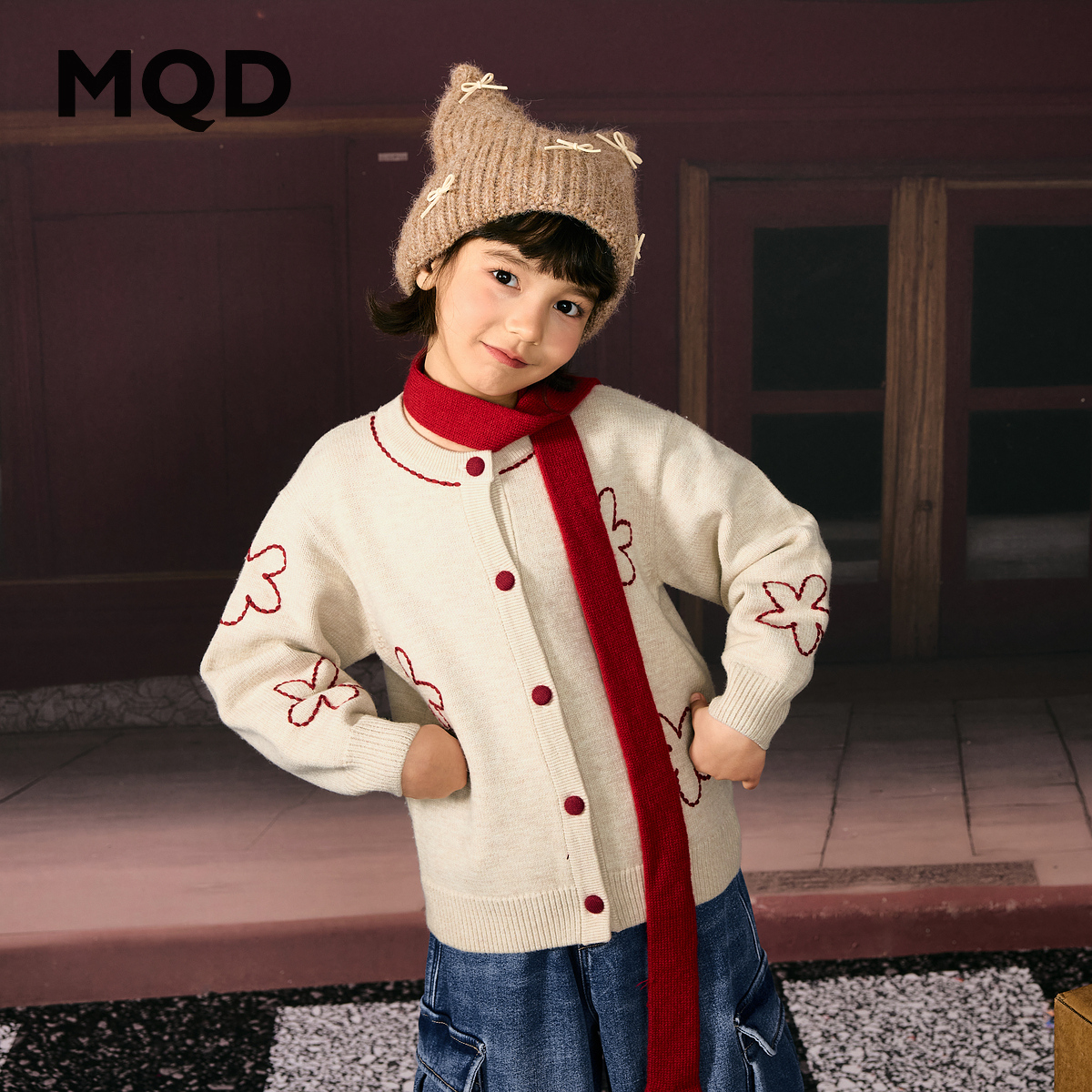 【加绒】MQD女童25冬新款学院卡通满版拜年毛衣开衫内搭6654W0730