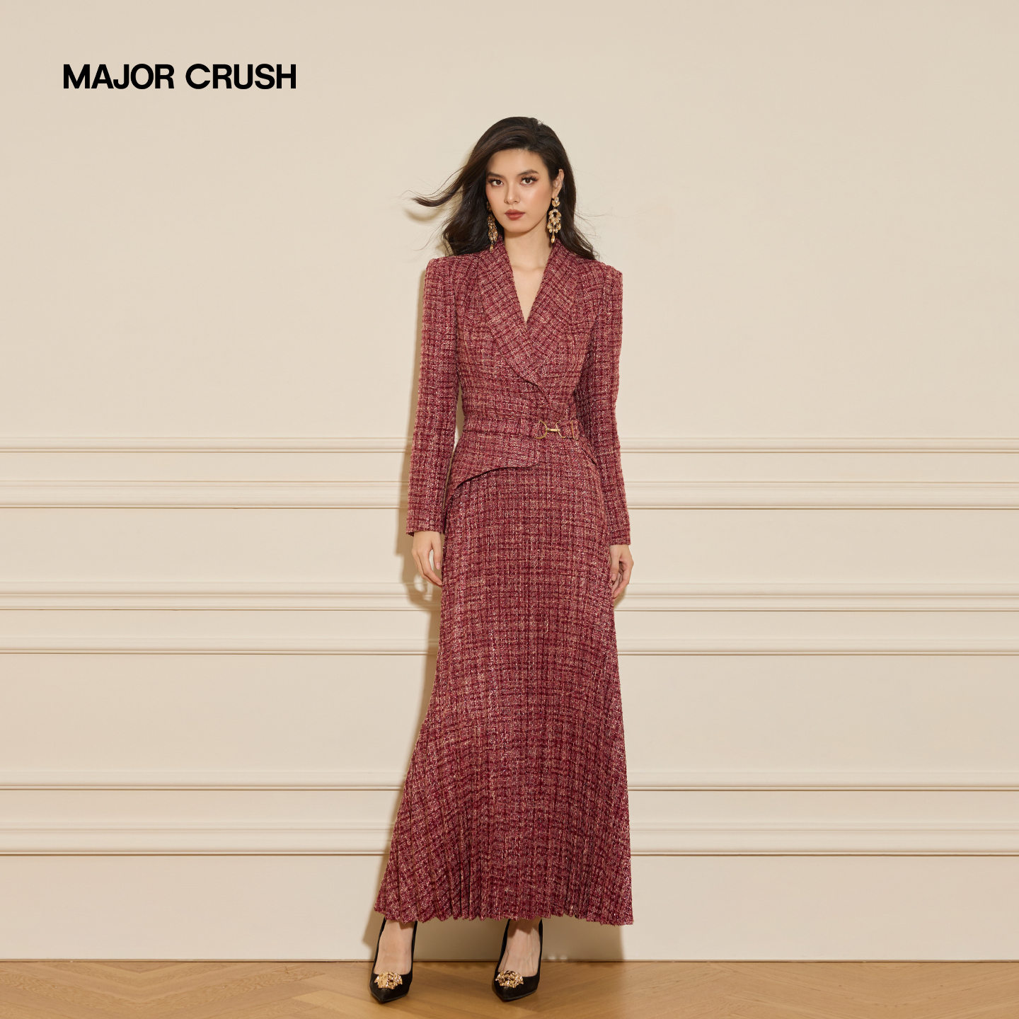 MAJOR CRUSH冬季新款复古时尚收腰京都晚风小香风连衣裙6623