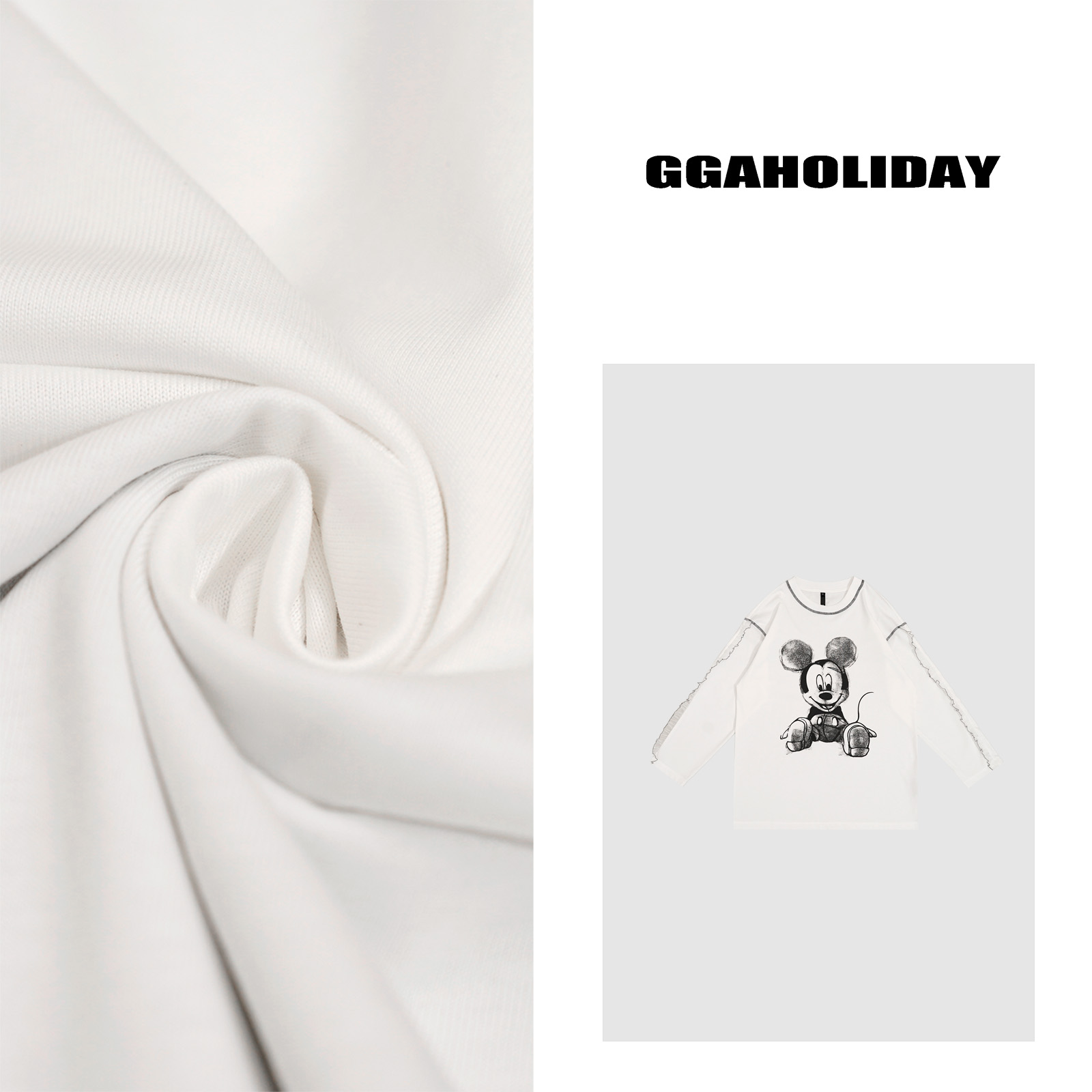 GGAHOLIDAY春秋时尚宽松白色印花圆领休闲打底薄款长袖T恤-152263