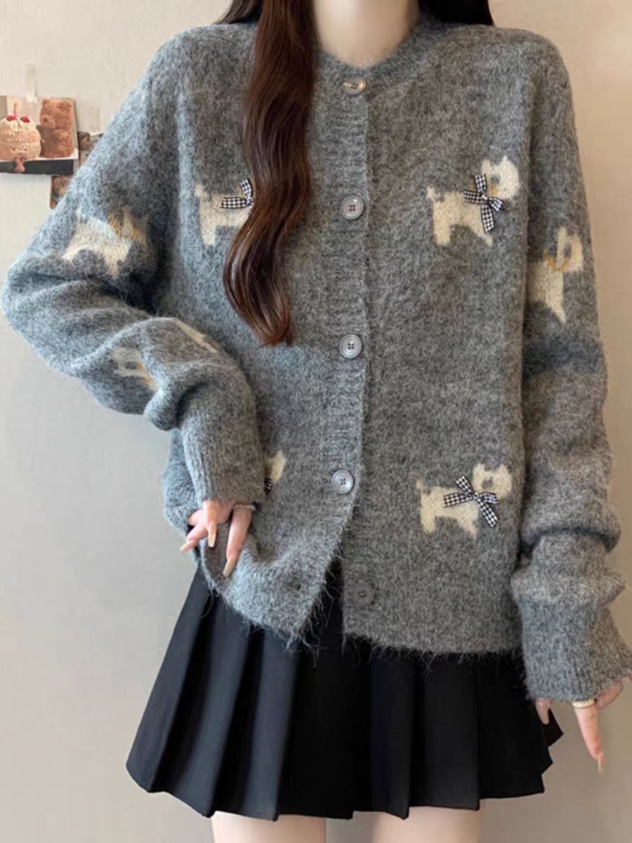 韩系蝴蝶结提花小狗针织开衫秋冬季女款宽松设计感慵懒风毛衣外套