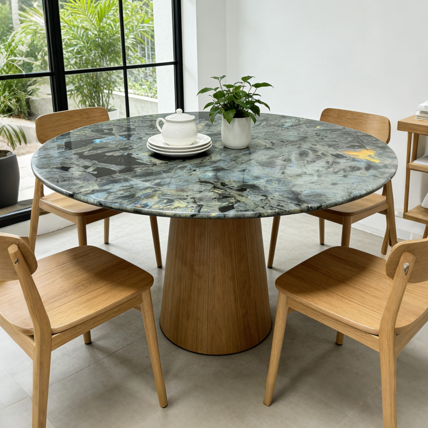 天然蓝翡翠亚马逊绿祖母绿纹大理石圆形餐桌椅组合轻奢高端带转盘