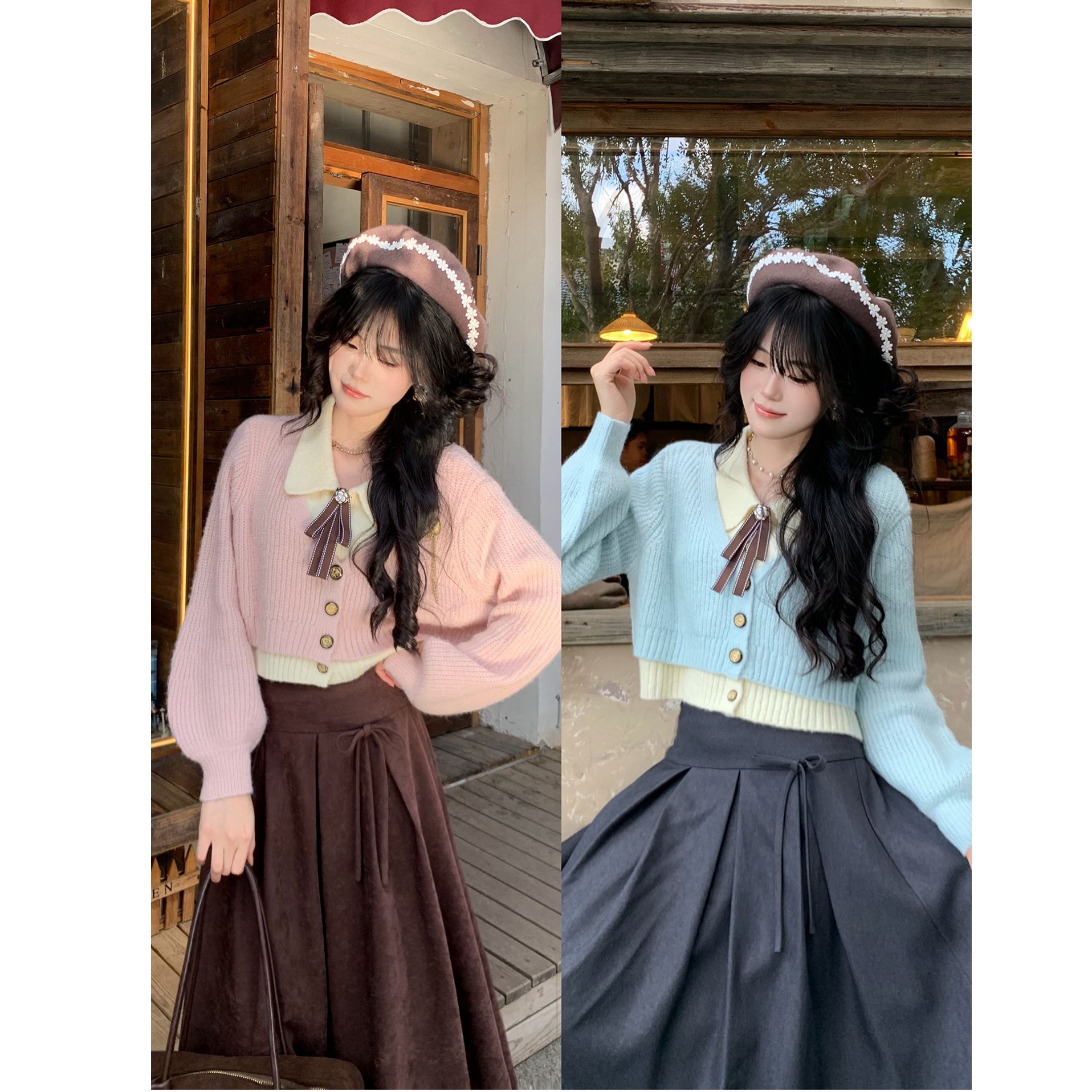 【复古胶片】 秋冬学院风减龄Polo领假两件蝴蝶结针织毛衣套装