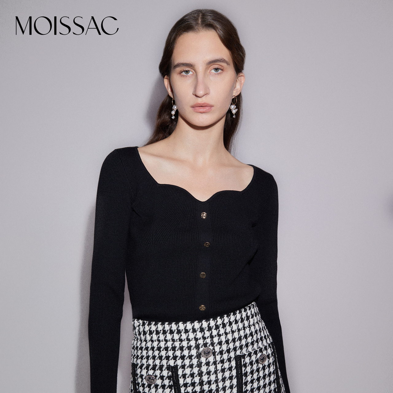 【达人专享】MOISSAC/摩萨克 春法式精致气质方领修身针织打底衫