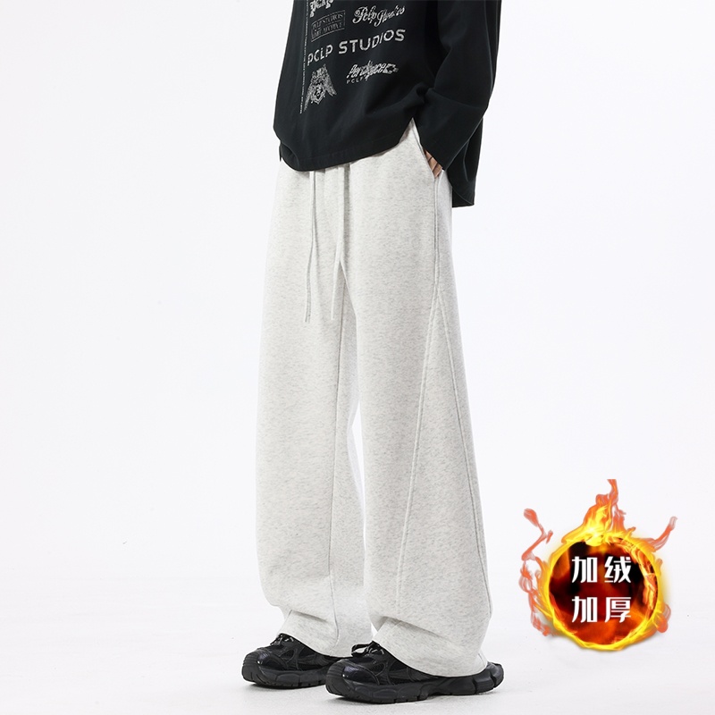 美式加绒高街弯刀裤男女潮牌秋冬加厚保暖直筒阔腿重磅休闲卫裤潮