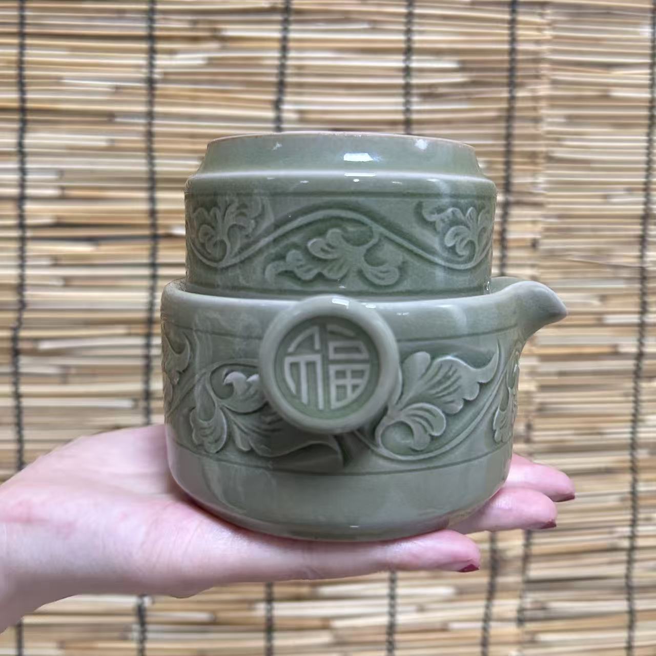 陕西耀州窑青瓷快客杯茶具陶瓷旅行套装高端茶器中式家用