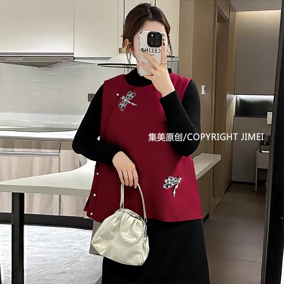 民族风简约风潮流透气马夹纯色圆领女时尚红色春季马甲复古