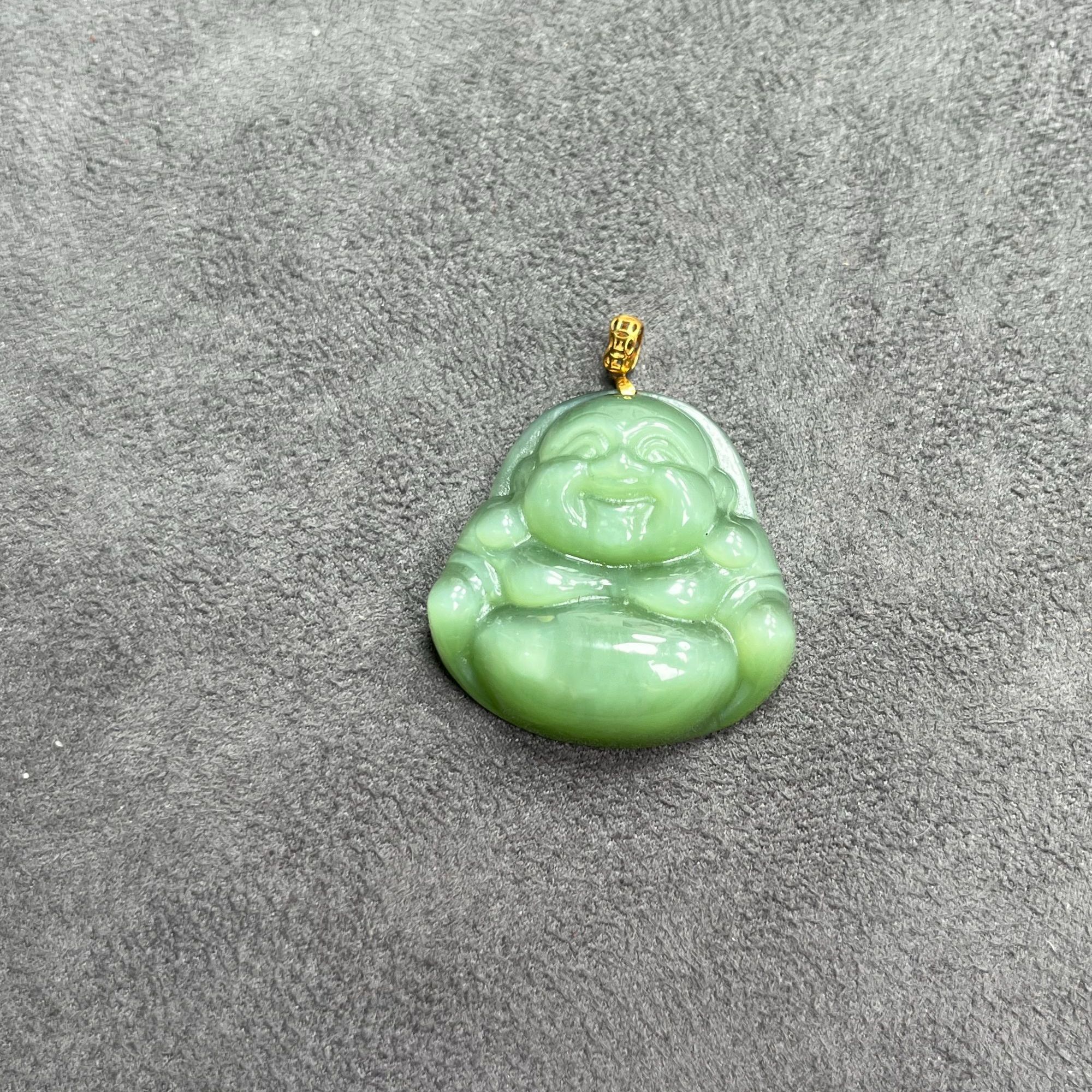 18k金镶和田碧玉精品粉绿猫眼佛公吊坠【裸石30】