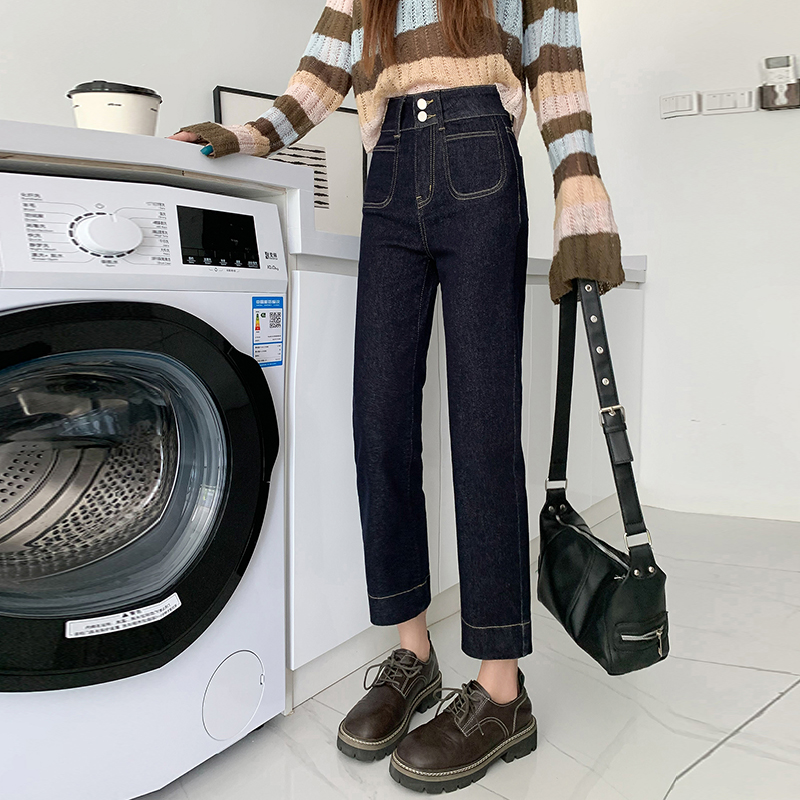 深蓝直筒牛仔裤女2025年秋季新款高腰显瘦宽松窄版黑色九分烟管裤