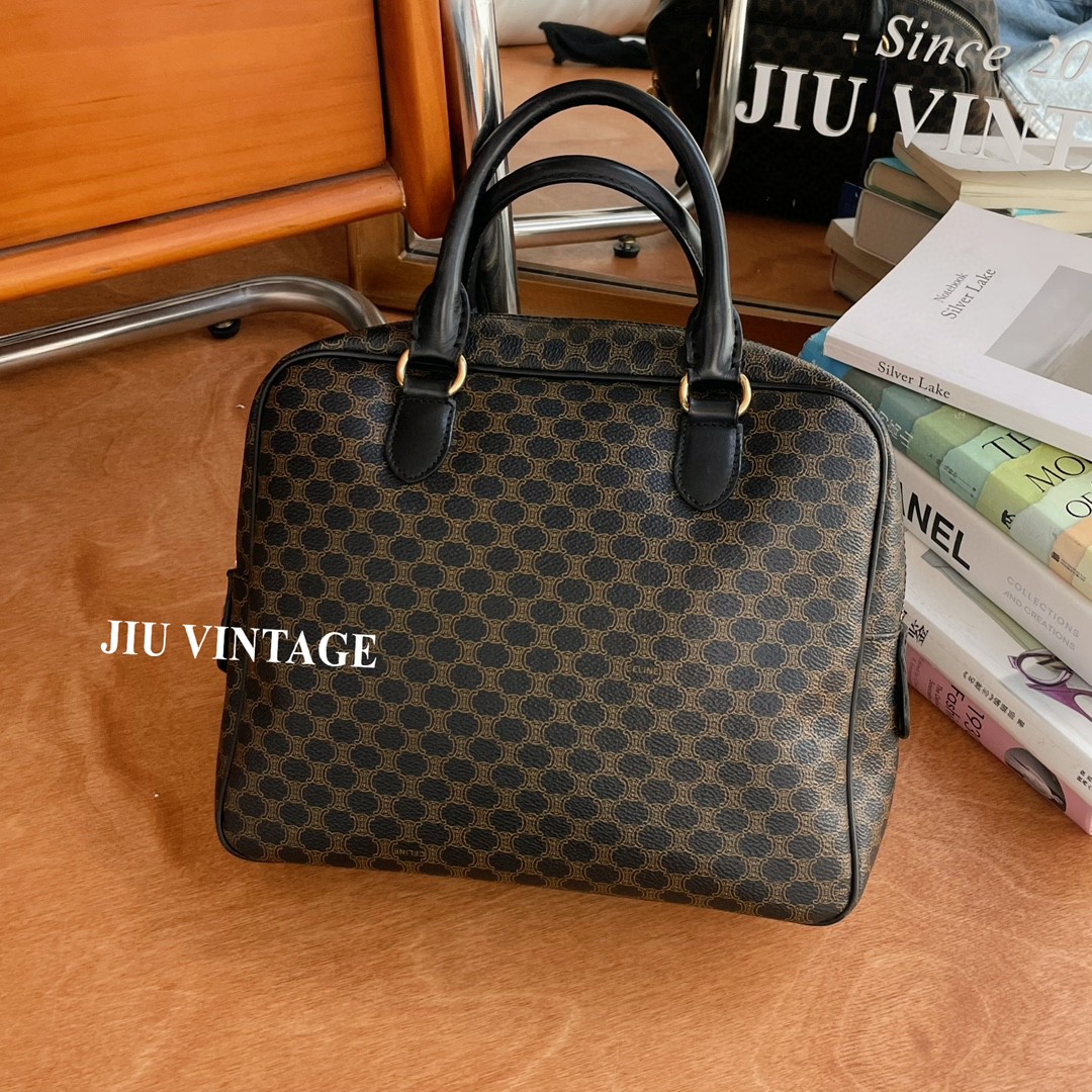 99新 Celine/思琳 黑花方胖子公文手提包JM13-0142