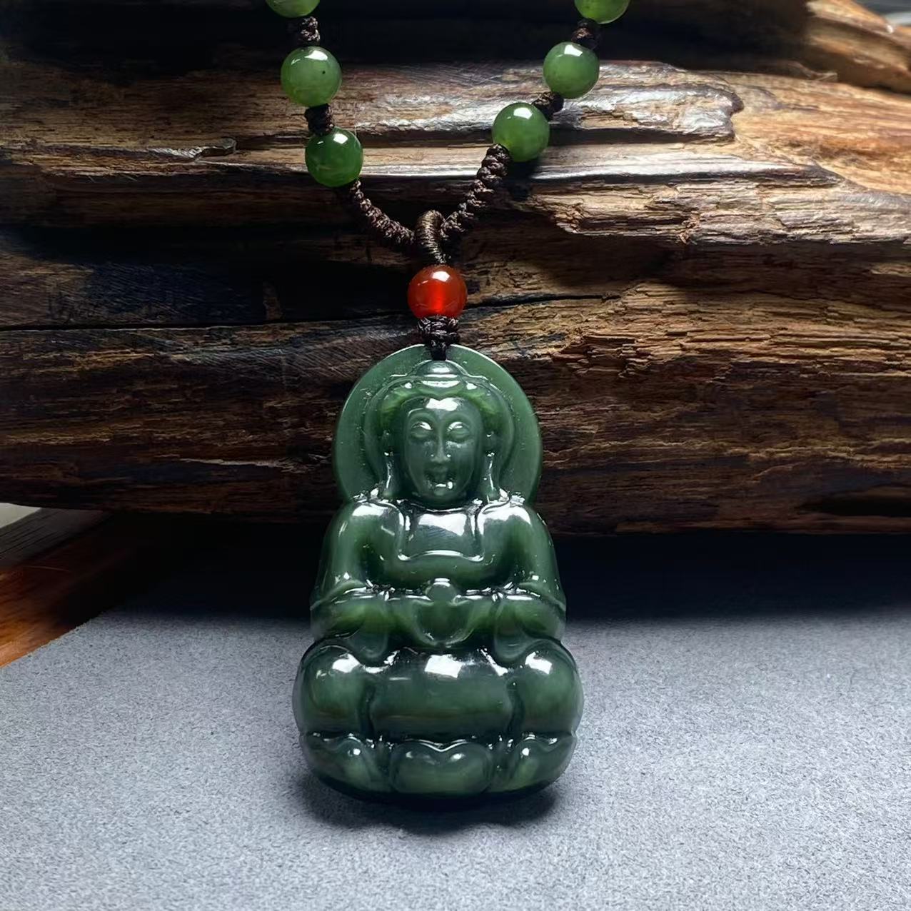 【迈越珠宝】天然和田玉碧玉黑猫观音吊坠精美雕刻猫眼观音吊坠