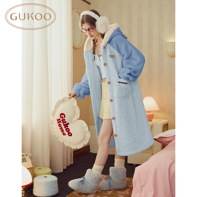 【Gukoo果壳】冬季睡衣女士蓝色加绒连帽家居服可外穿少女风睡袍