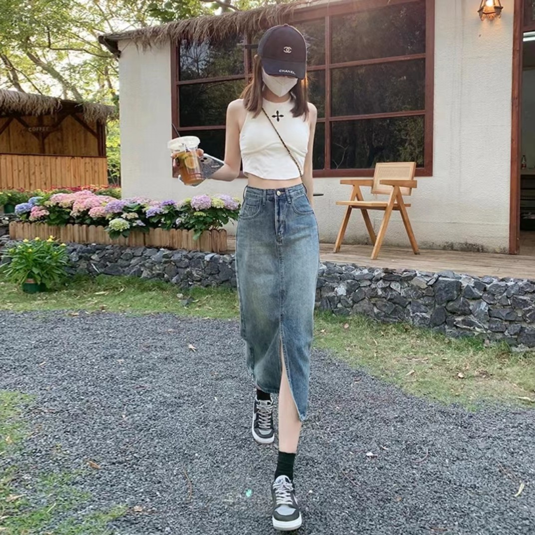 高腰开叉牛仔半身裙女2025年新款秋季中长款遮胯a字小个子包臀裙