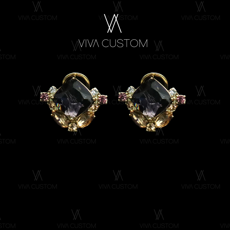 铜合金莫桑石耳饰 宫廷风方形紫金耳钉