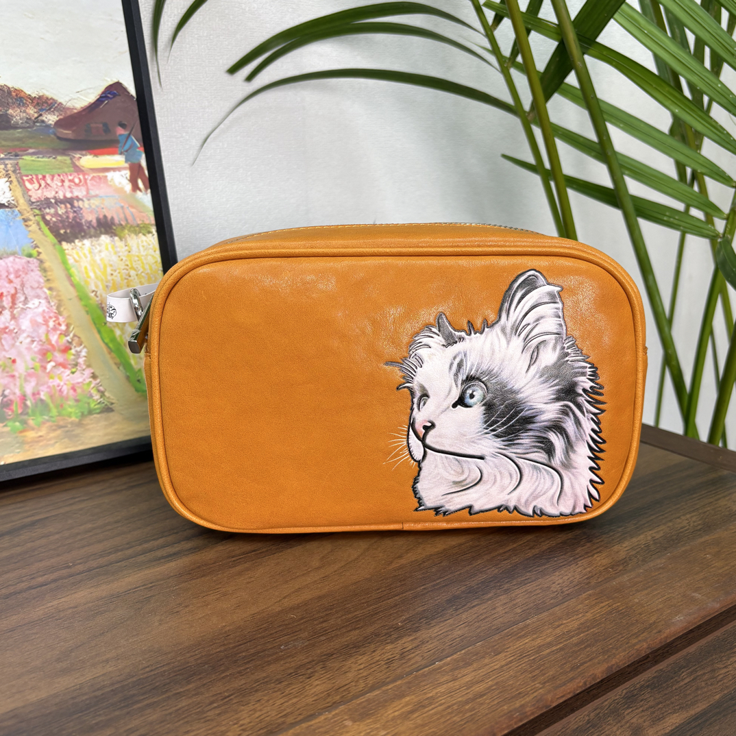 水晶植鞣头层牛皮布偶猫相机斜挎包【3D高分子热熔印制】80708