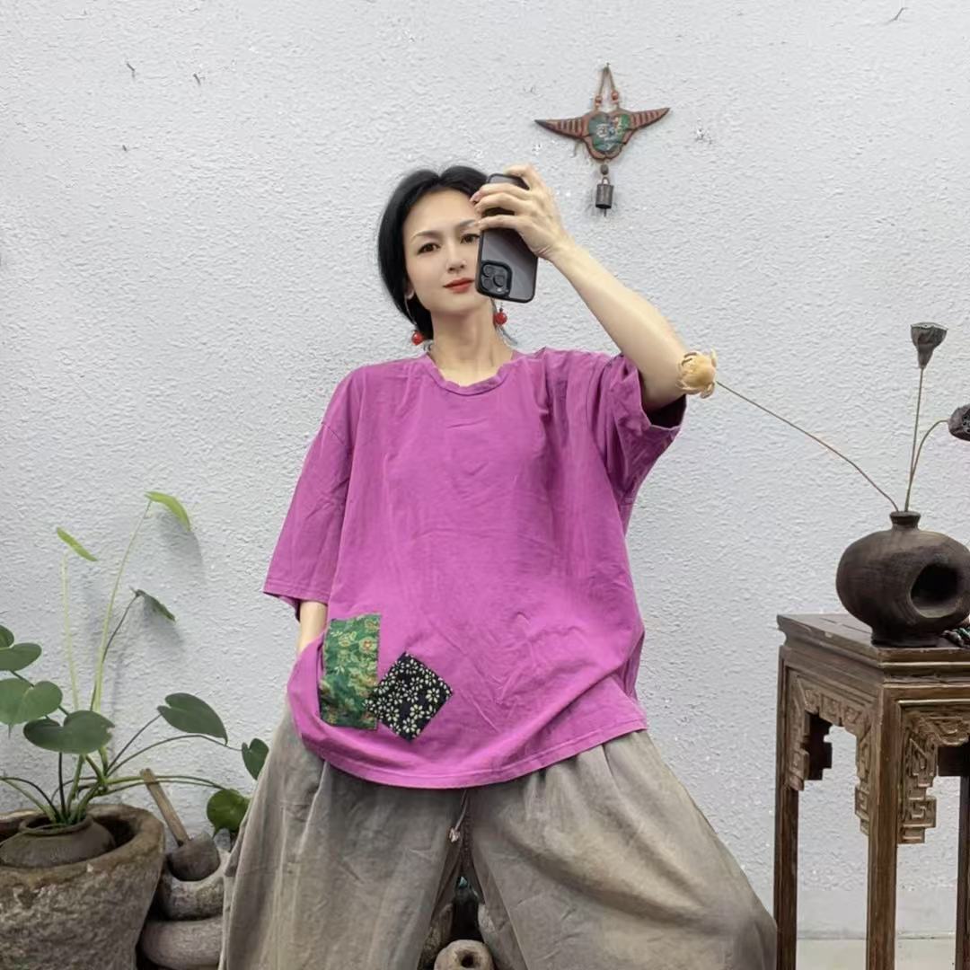 2122左下摆贴黑绿布炒色圆领上衣（长66胸围130
