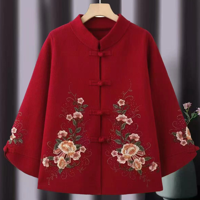 民族风加厚绣花中老年秋冬复古中式妈妈装针织外套