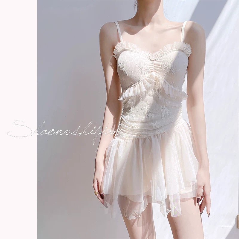 温柔少女连身遮肚显瘦夏款女士泳衣白色