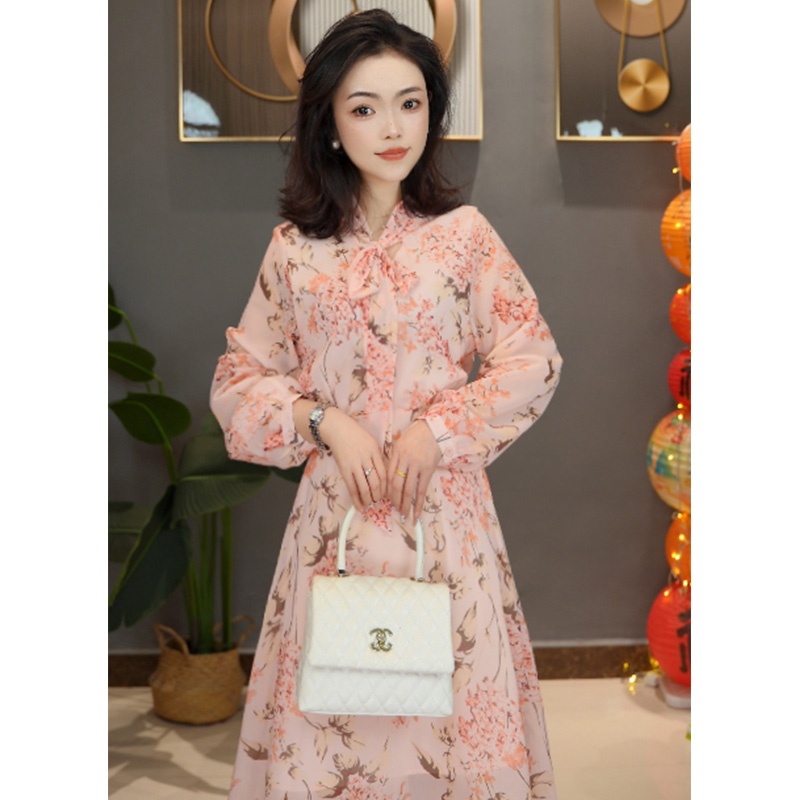 苏陌系带领印染碎花连衣裙女春秋印花提花显瘦气质中长款A字裙子
