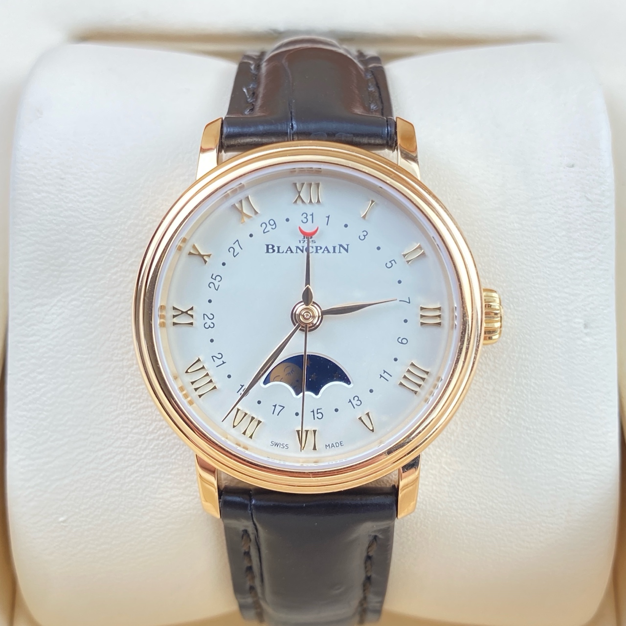 99新 宝珀  宝珀经典 自动机械女表 29mm 白盘 月相 18k玫瑰金