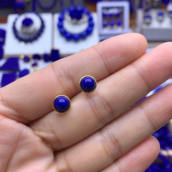 青金石银S925镀金镶嵌耳钉