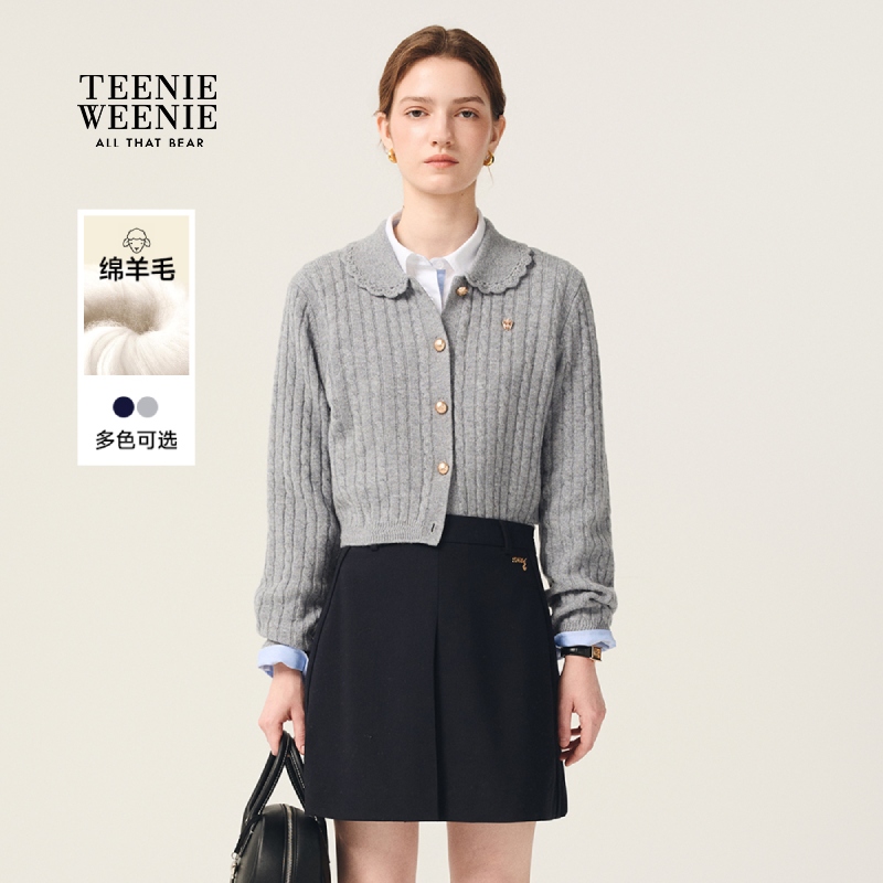 TeenieWeenie小熊女装毛针织衫25秋新款花边翻领开衫TTCK254905W